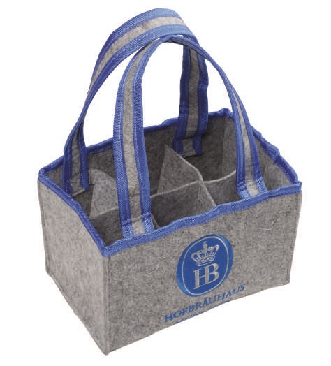 Graue Filz-Flaschentragetasche mit blauen Griffen und HB-Logo, 6 Fächer für Flaschen, Hofbräuhaus
