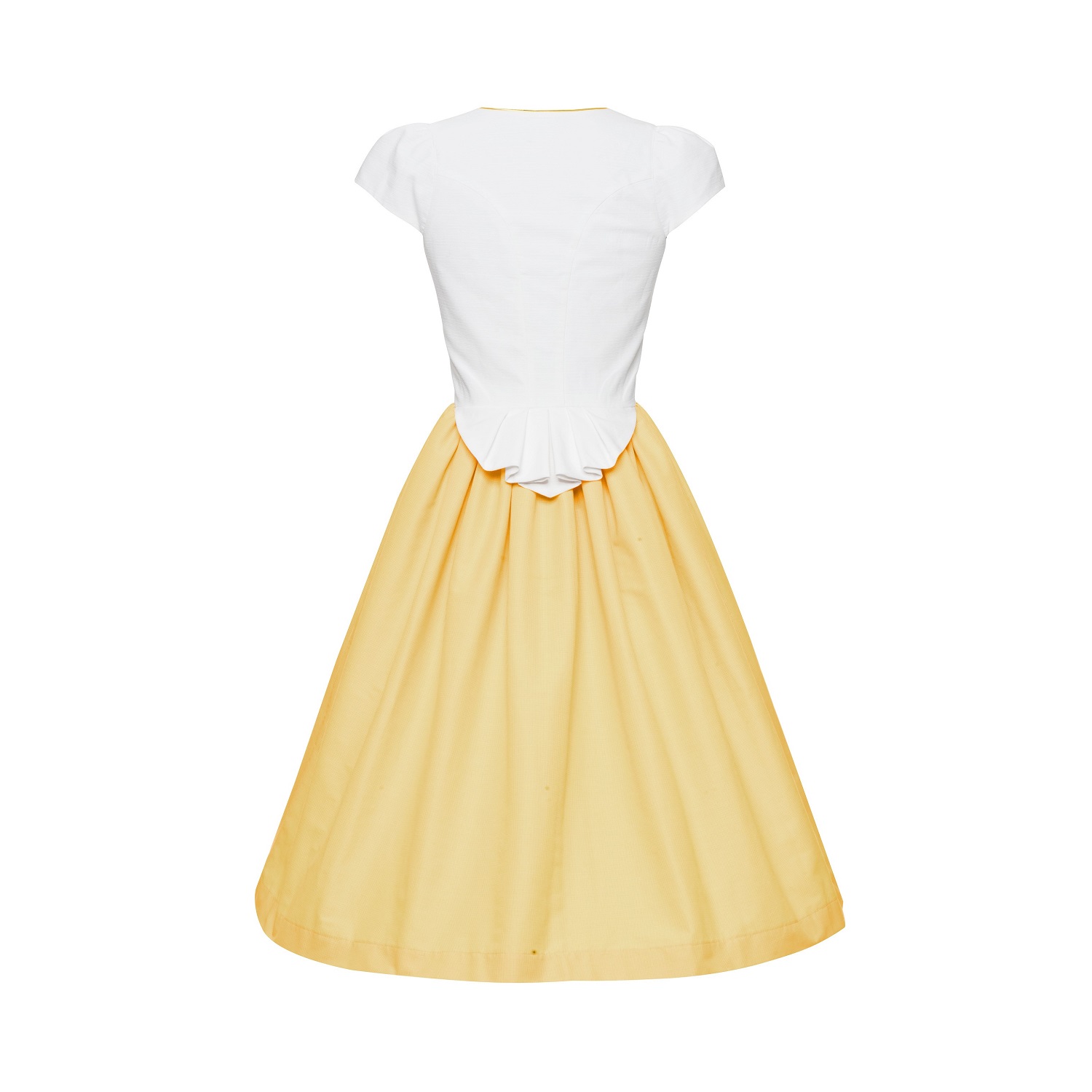 Dirndl-Rückansicht mit weißem Oberteil und weit fallendem, einfarbig gelbem Rock