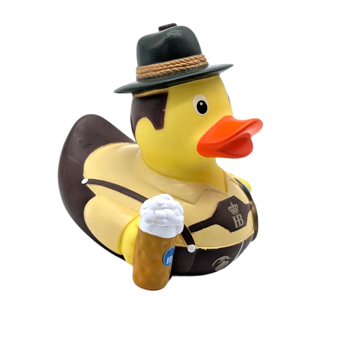 Seitenansicht: Gummiente in bayerischer Tracht mit grünem Hut und Lederhose, hält einen Bierkrug mit Schaum.