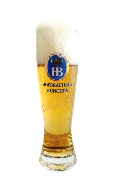 HB Weißbierglas 0,3 Liter mit Gravur, gefüllt mit Bier und Schaumkrone, Hofbräuhaus München Logo auf der Vorderseite