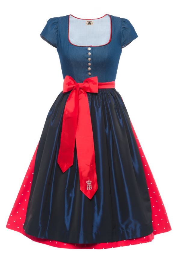 Elegantes Dirndl in Blau und Rot mit silbernen Knöpfen, roter Schürze und breiter Schleife, Hofbräuhaus-Logo auf dem Rocksaum