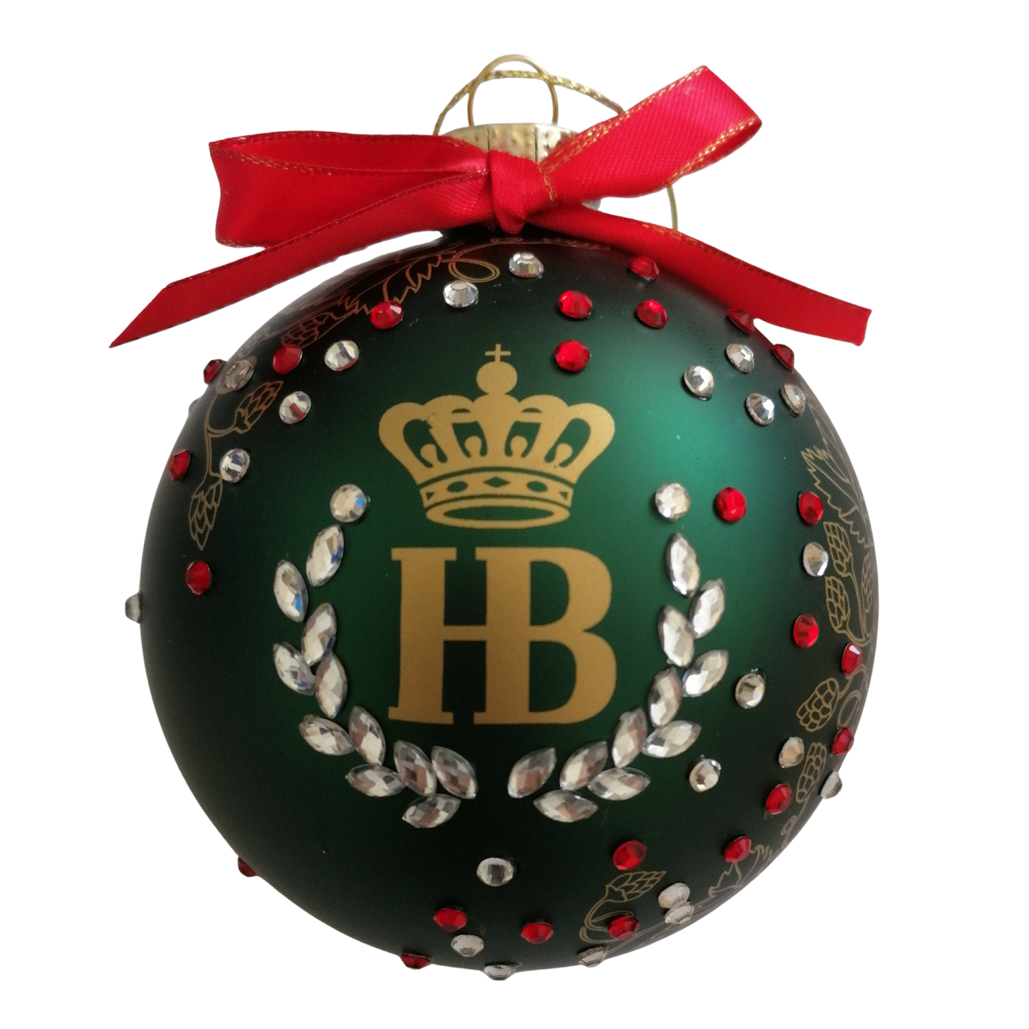 dunkelgrüne Weihnachtskugel mit Strassteinen in weiß und rot, roter Schleife und goldenen HB-Logo-Krone