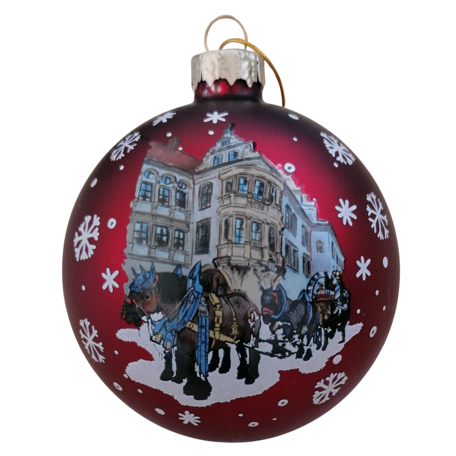 Weihnachtsbaumkugel in bordeaux mit MOtiv Pferdekutsche (Bierkutsche)