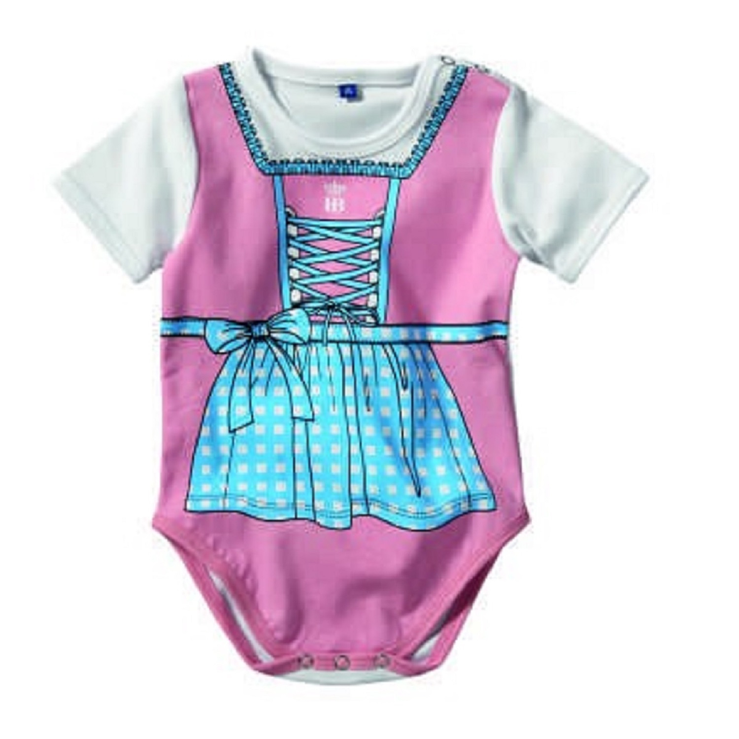 Babybody im Dirndl-Design in Rosa mit hellblauer Schürze und Schnürung, Aufdruck mit Hofbräuhaus-Logo.