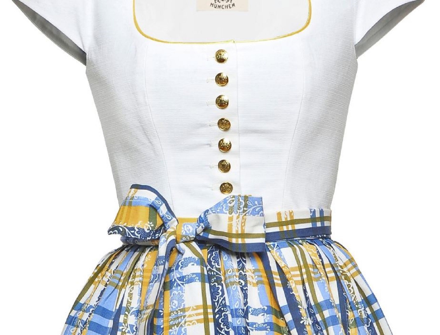 Oberteil eines Dirndls mit weißem Mieder, goldenen Knöpfen und blau-gelb karierter Schürze mit Schleife