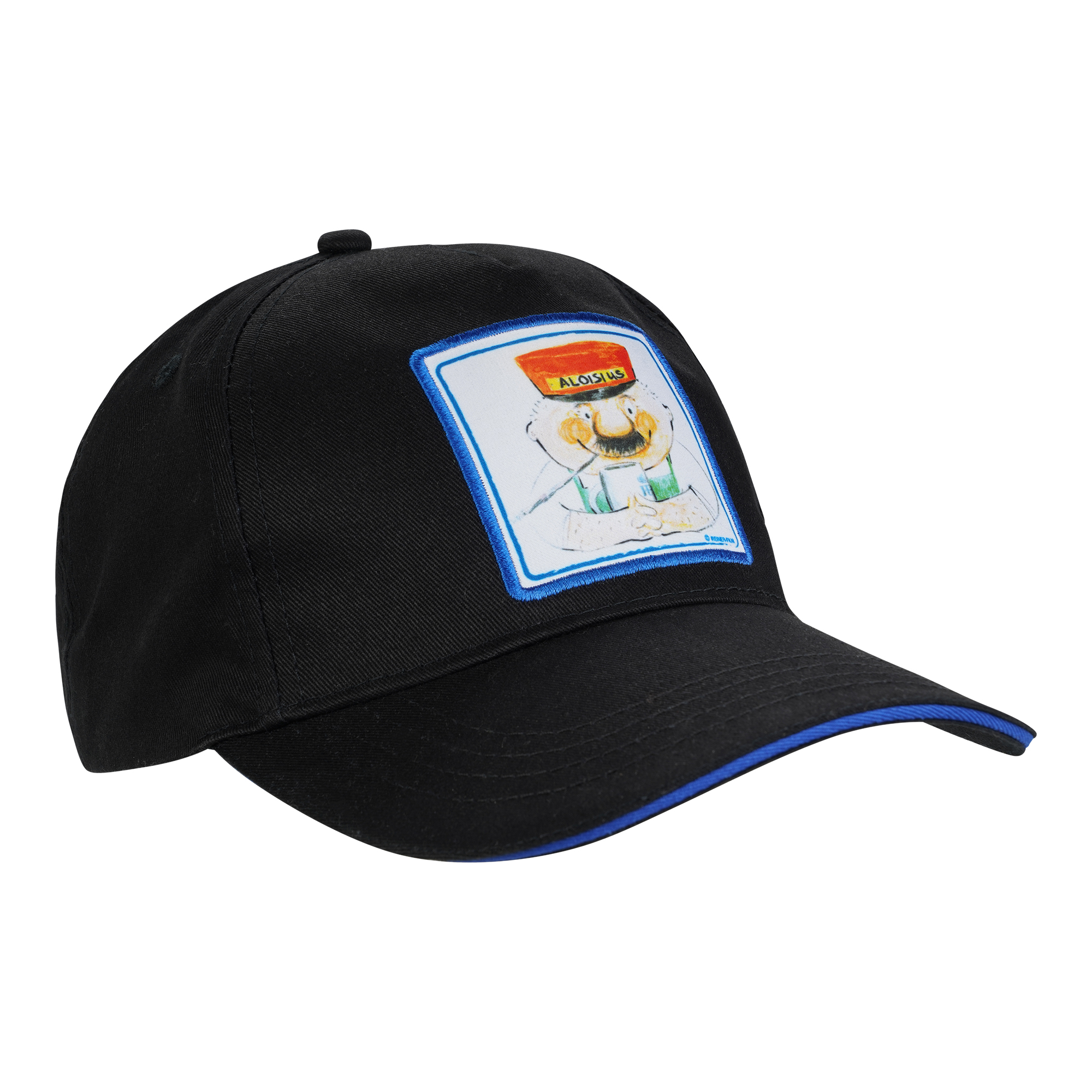 „Schwarze Baseballcap mit blauem Rand am Schirm. Auf der Vorderseite ist ein Patch mit dem Aloisius in oranger Dienstmütze und leerem Bierkrug zu sehen