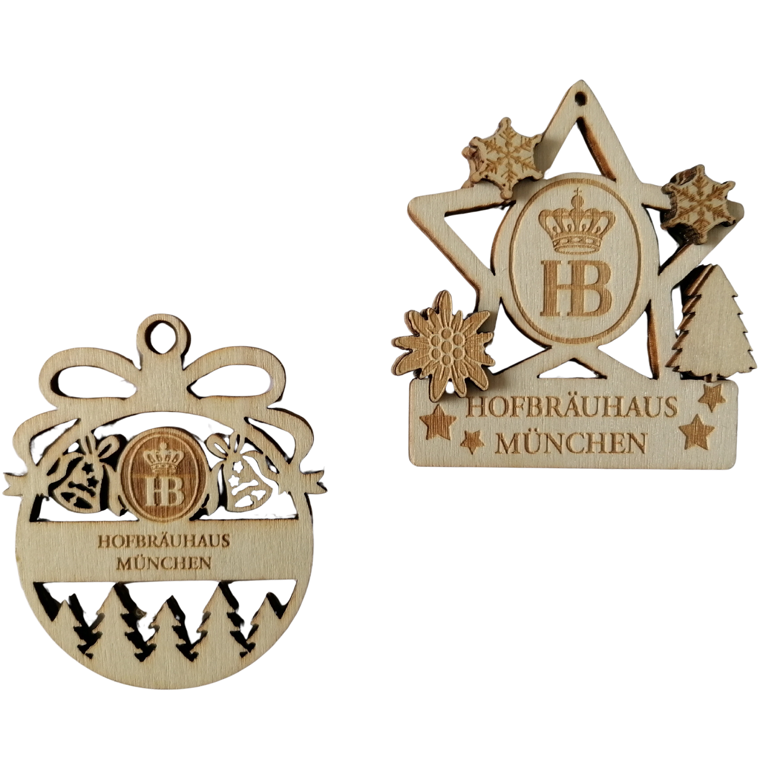Weihnachtbaumanhänger Kugelform und Sternform aus Holz mit Motiven Glocke und Edelweiß