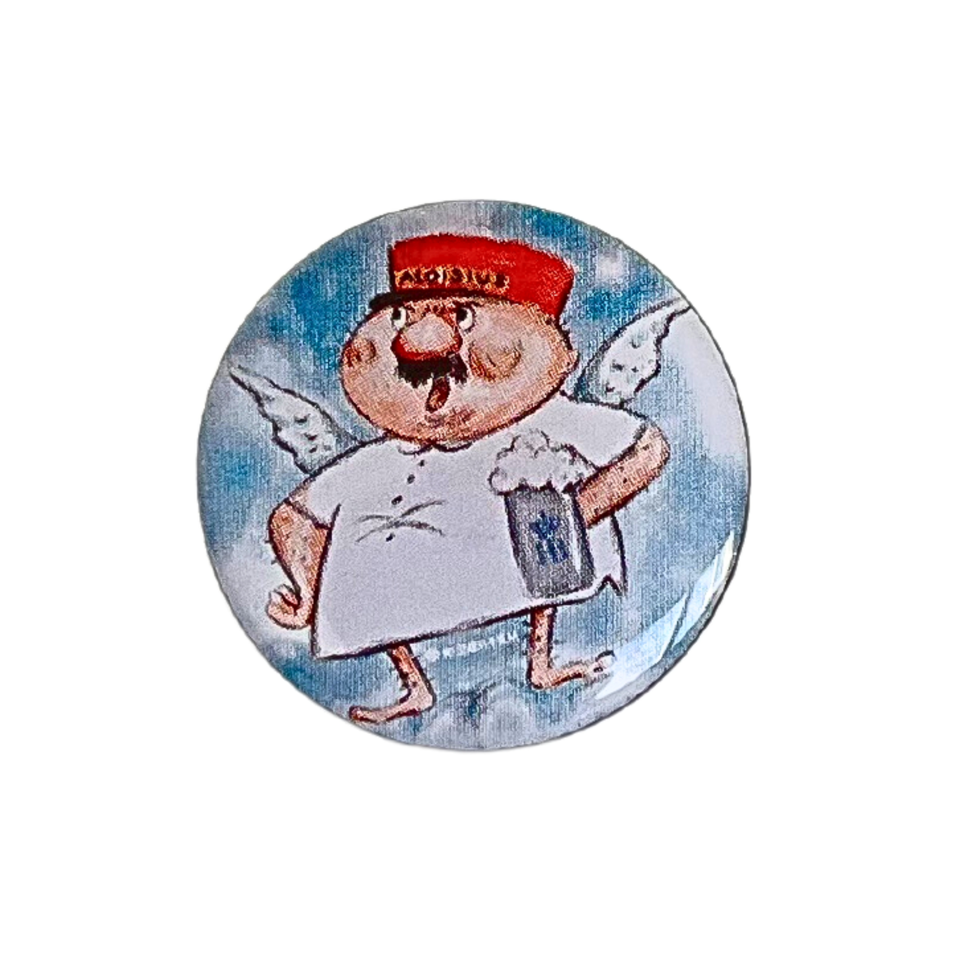 Runder Button mit Illustration von Aloisius mit Flügeln, roter Mütze und Bierkrug.