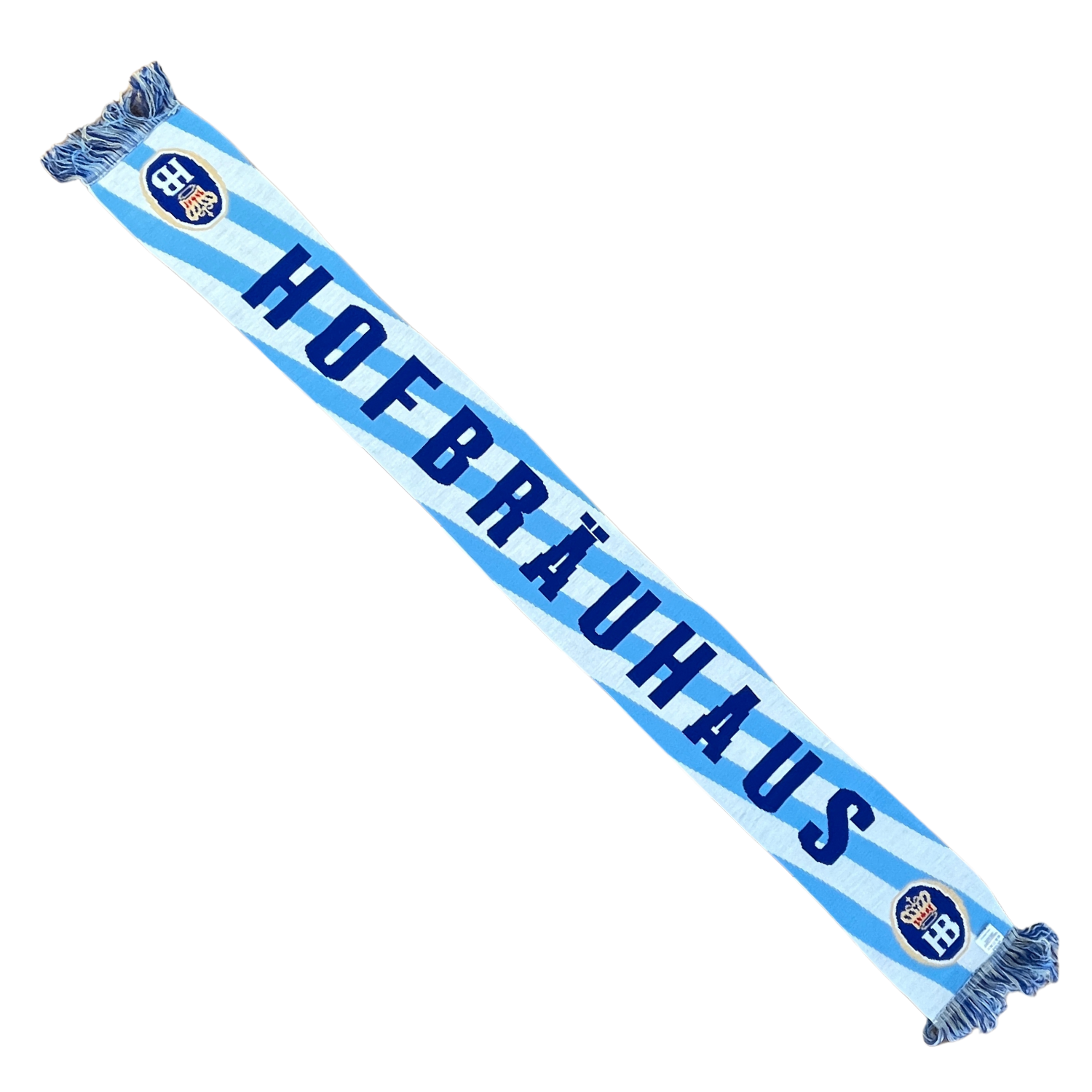 Hellblauer Fanschal mit diagonalen weißen Streifen, dunkelblauer Aufschrift „HOFBRÄUHAUS“ und Hofbräuhaus-Logos an den Enden.