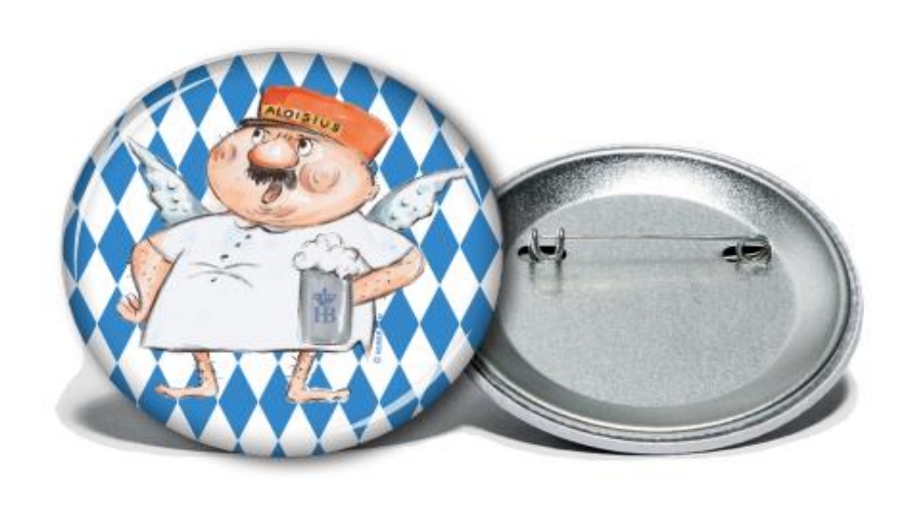 Ansteckbutton mit Aloisius auf blau-weißem Rautenmuster