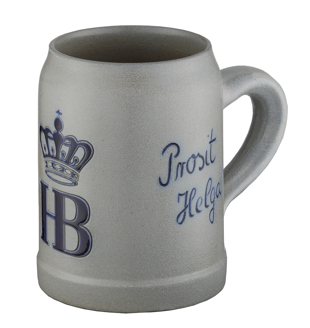 Personalisierter Steinkrug mit Salzglasur, 0,5 Liter, ohne Zinndeckel und Hofbräuhaus München Logo.