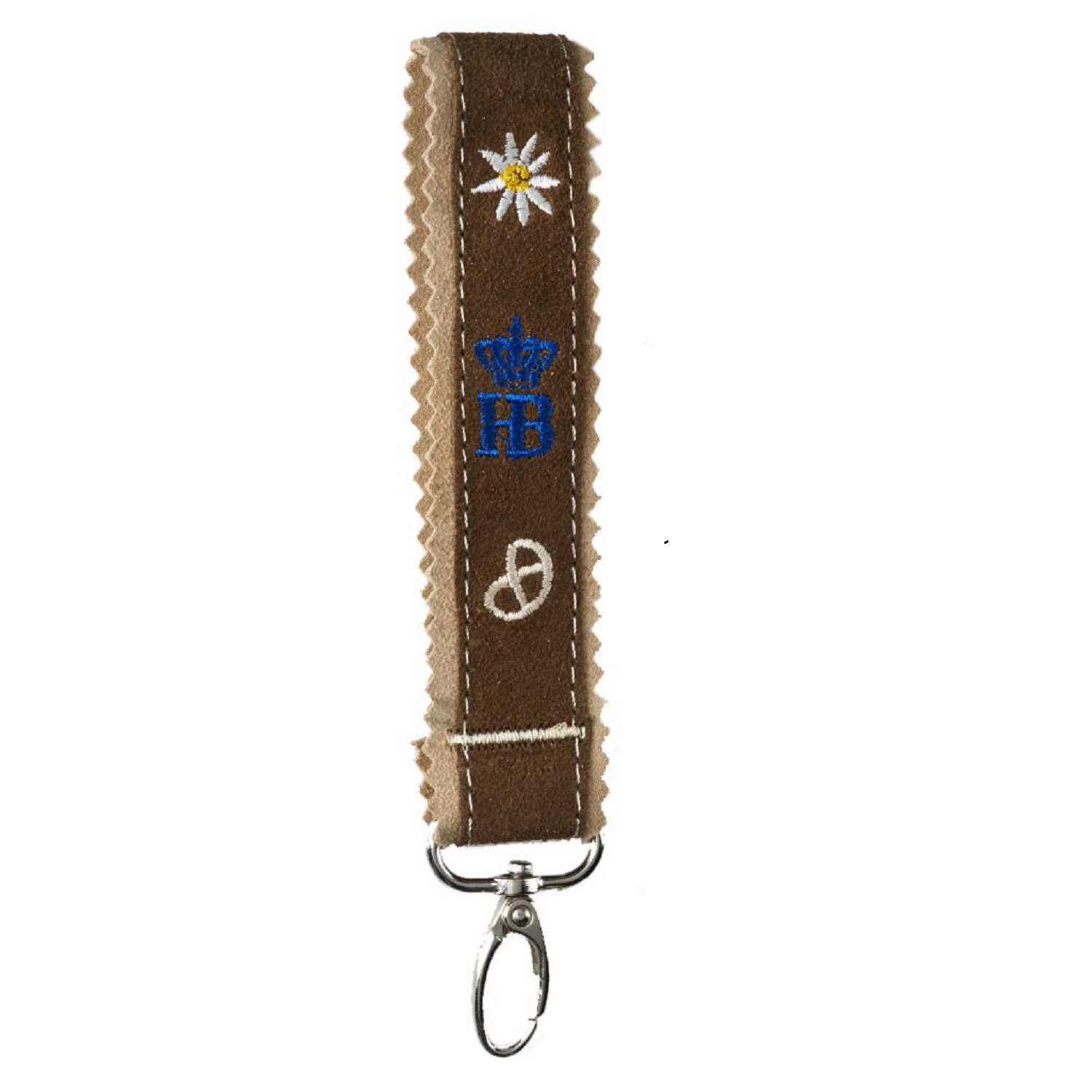 Braunes Filz-Schlüsselband mit Metallclip, verziert mit gestickter Edelweißblume, blauem HB-Logo und weißer Brezel