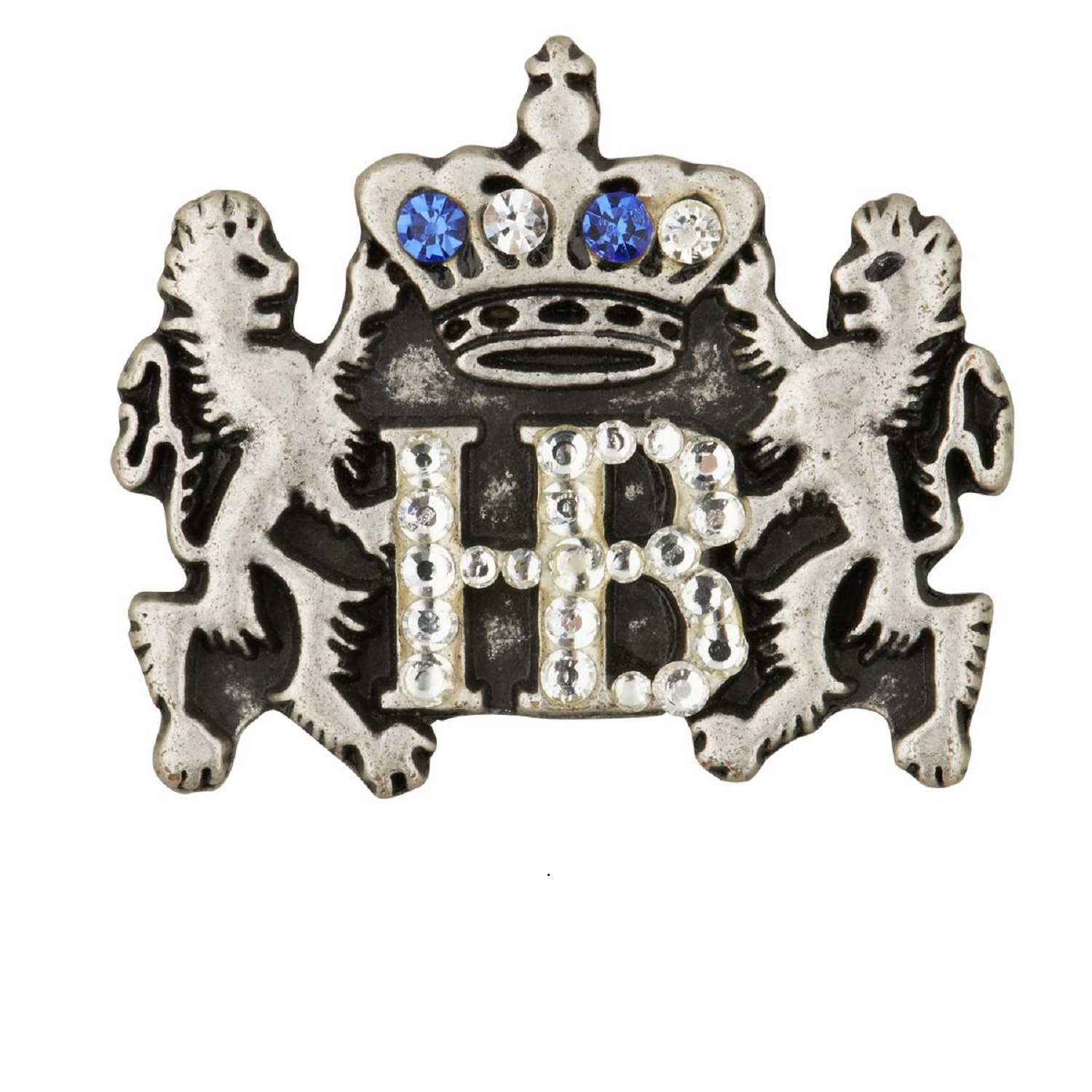 Silberne HB-Brosche mit zwei Löwen, Krone und funkelnden Strasssteinen in Blau und Weiß.