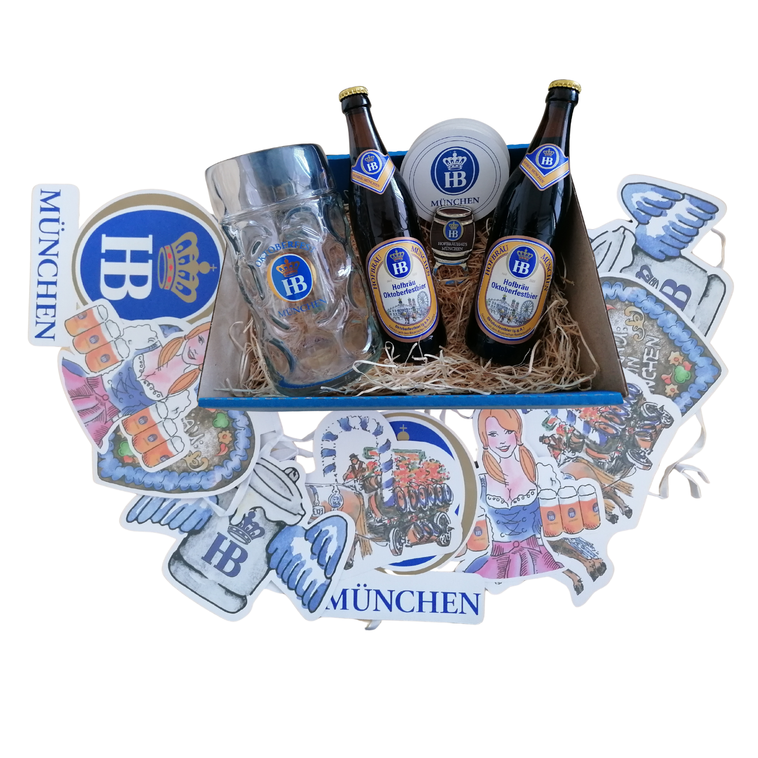 Oktoberfestpaket mit Isarseidel 1 Liter, 2 x Oktoberfestbier, Wimpelkette, Bierdeckeln und Flaschenöffner in Fassform in blauem Karton