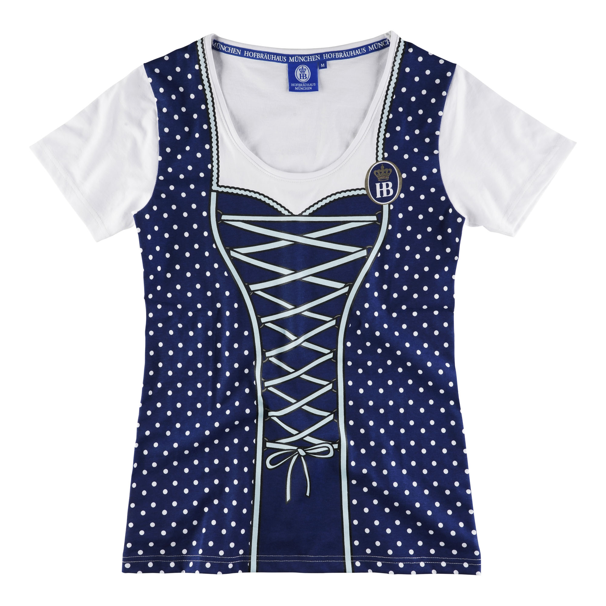 „T-Shirt mit Dirndl-Druck auf der Vorderseite: blau-weißes Punktmuster mit Schnürung in der Mitte, Ärmel und Rückseite einfarbig weiß.“