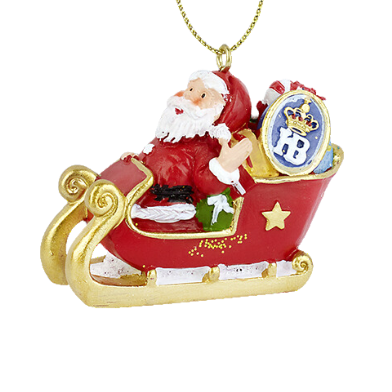  „Christbaumschmuck mit Weihnachtsmann in rotem Schlitten mit goldenen Akzenten, gefüllt mit Geschenken, aufgehängt an goldener Schnur.“