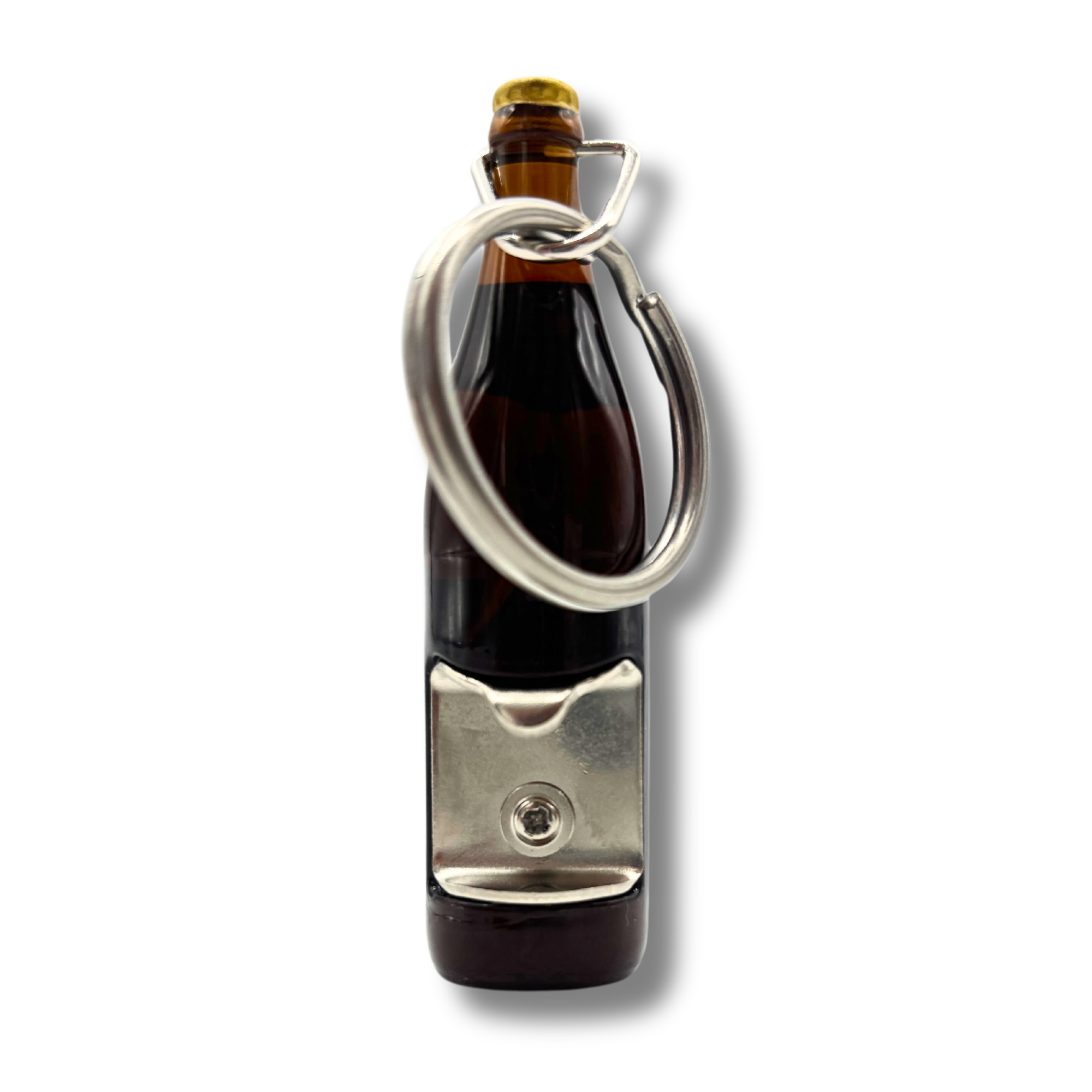 Schlüsselanhänger in Form einer Hofbräu-Bierflasche mit integriertem Flaschenöffner.