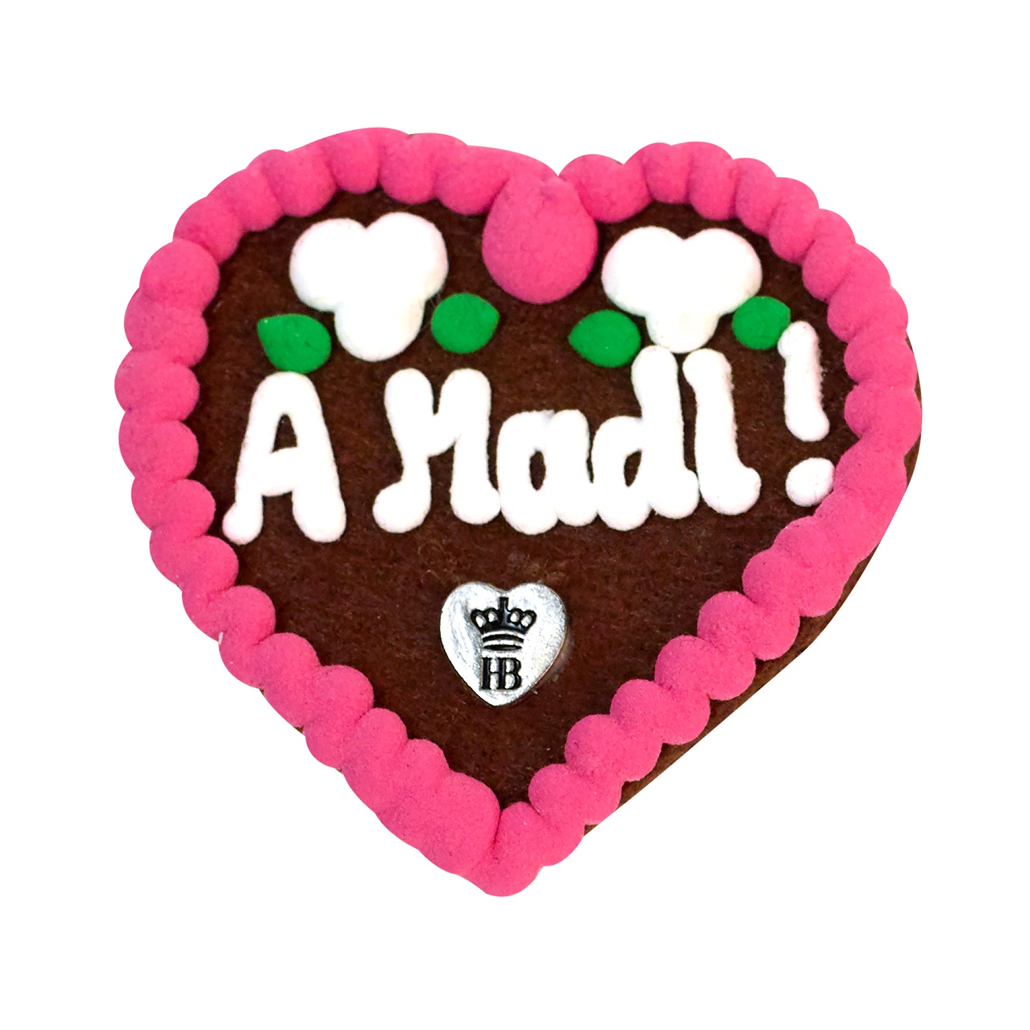 Lebkuchenherz mit pinkem Zuckerrand, weißer Aufschrift 'A Madl!' und kleinem silbernem Herz mit HB-Logo