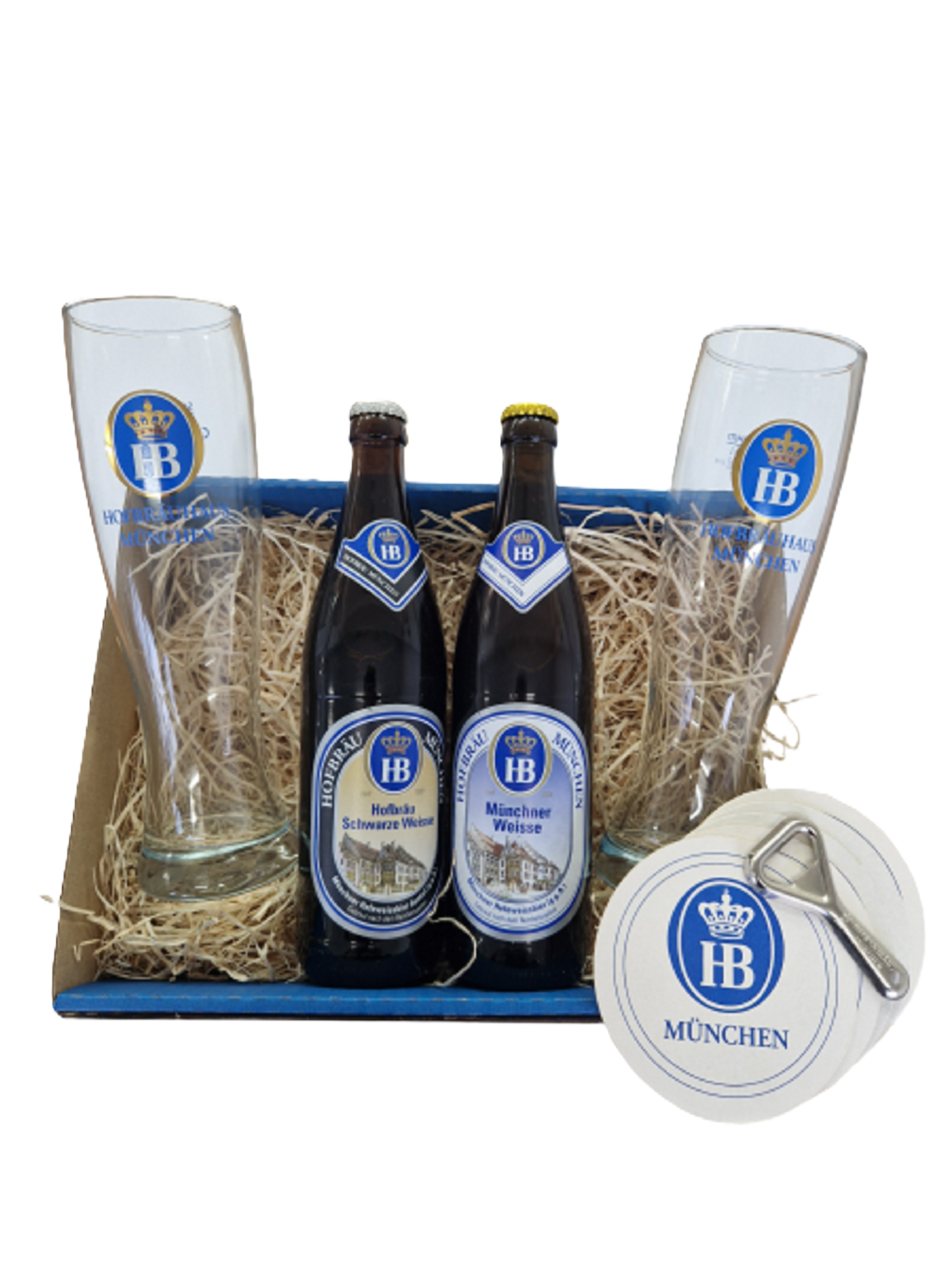 GEschenkbox in blau mit 2 Weissbiergläsern Elegante 0,5 l und 2 Flaschen Weissbier, Bierdeckeln und Flaschenöffner