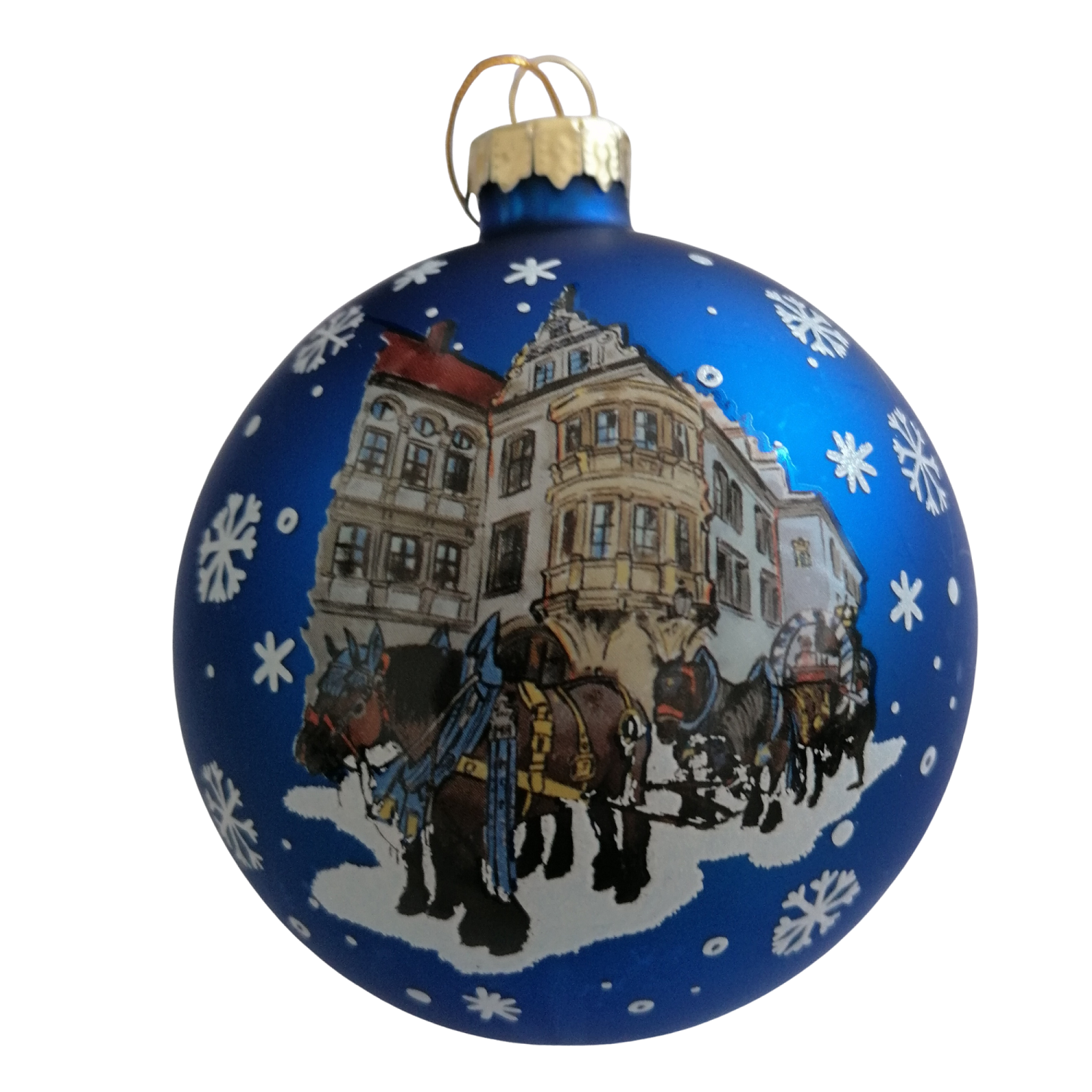 Weihnachtsbaumkugel in königsblau mit Motiv Pferdekutsche (Bierkutsche)