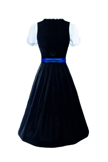 Rückansicht eines Dirndls: Schwarzer Rock und Mieder, weiße Bluse, blaue Schürzenbindung am Rücken.