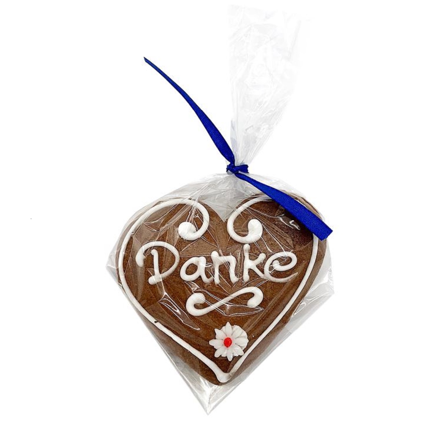 Lebkuchenherz mit weißer Zuckerschrift 'Danke', verziert mit Blütenmotiv, in Klarsichtfolie verpackt und mit blauem Band gebunden.