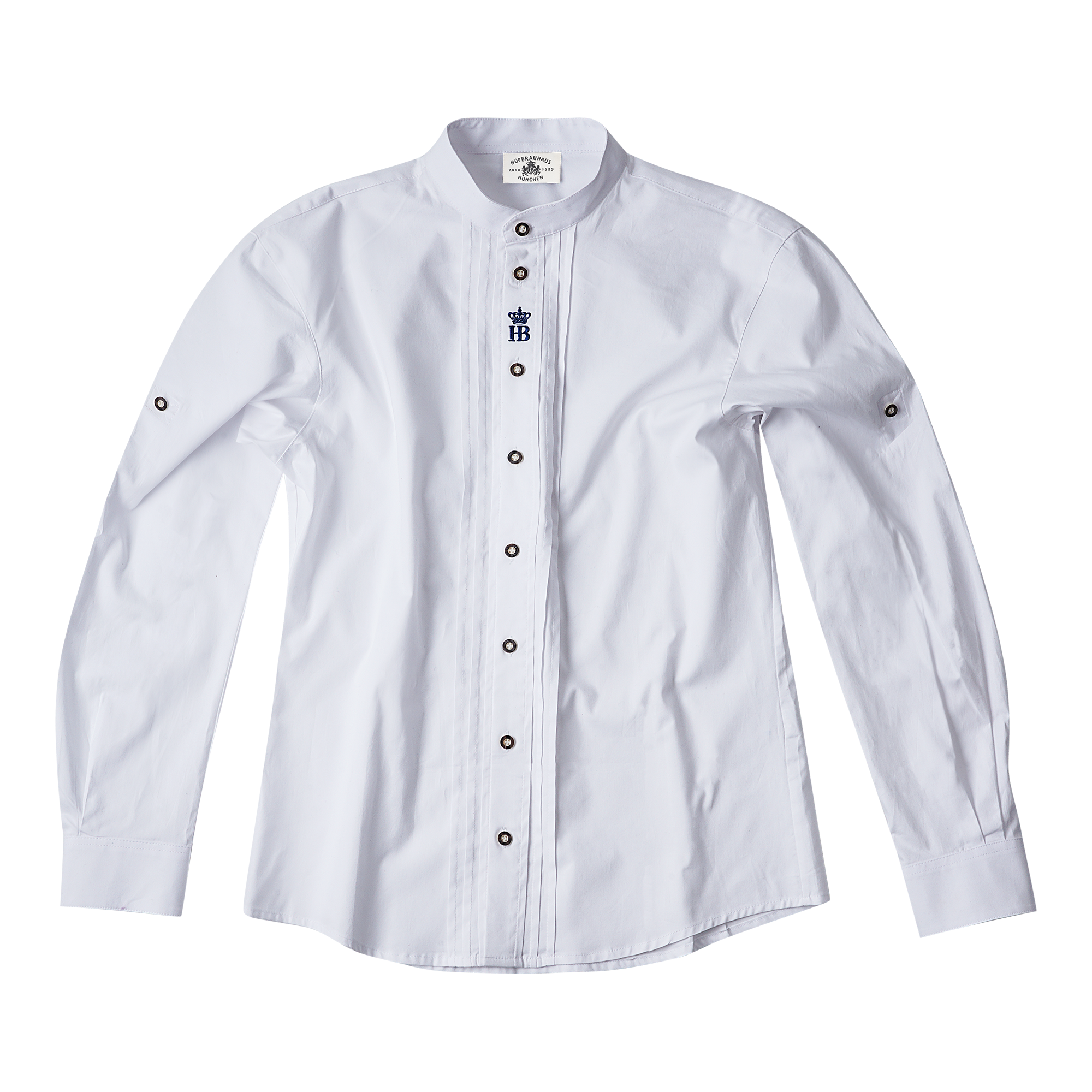 Weiße Trachtenhemd mit Stehkragen und langen Ärmeln. In der Mitte entlang der Knopfleiste sind dunkle Knöpfe angebracht. Auf der Brust ist ein kleines blaues HB-Logo mit Krone eingestickt.