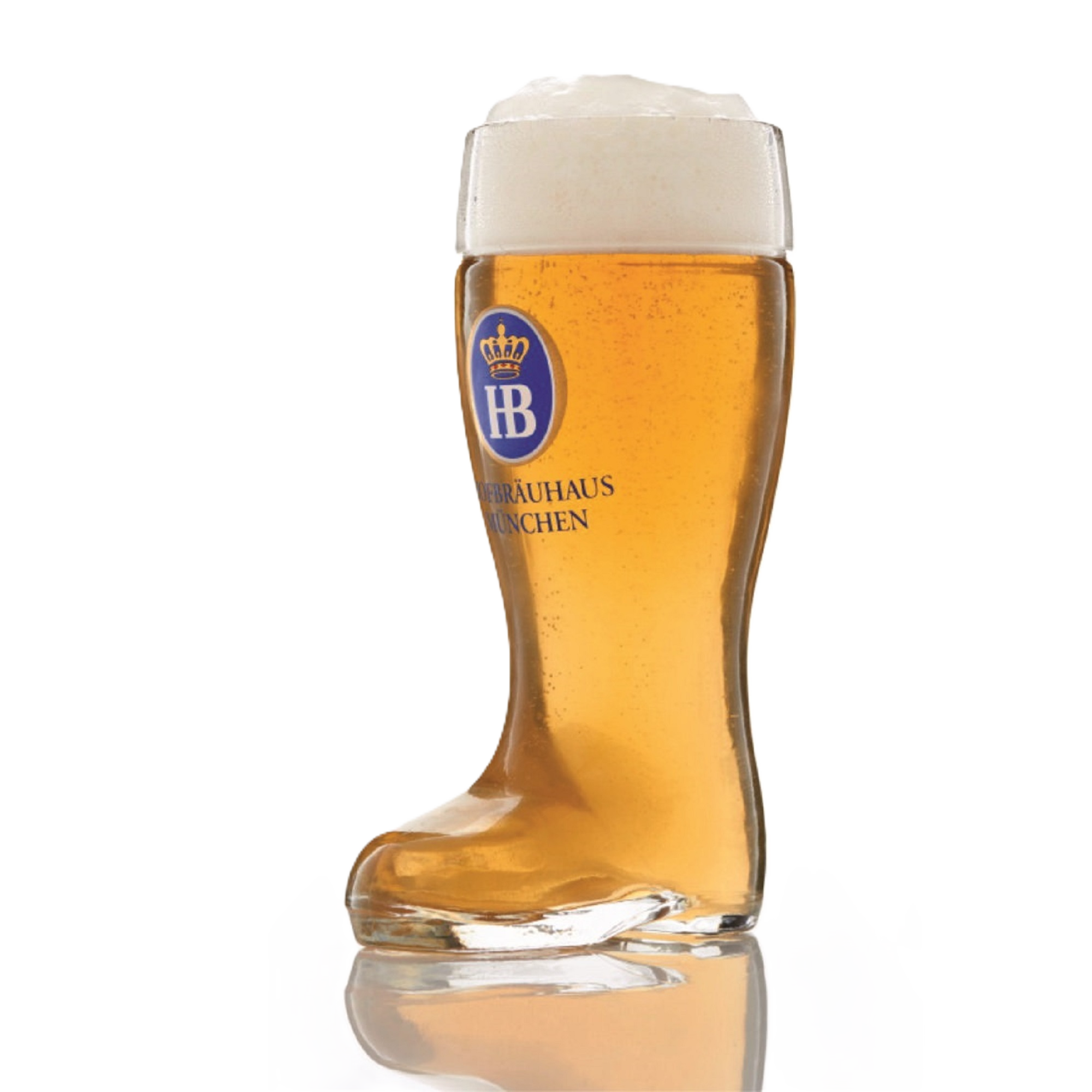 Hofbräuhaus-Stiefel aus Glas mit Schaumkrone und HB-Wappen -500ml