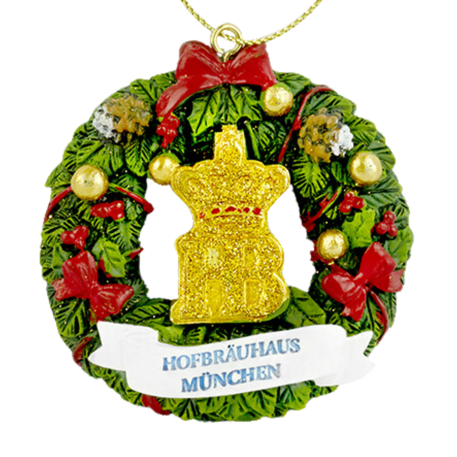 „Weihnachtskranz-Anhänger mit goldener Krone in der Mitte, verziert mit roten Schleifen, goldenen Kugeln und kleinen weißen Blüten. Unten befindet sich ein weißes Banner mit blauem Schriftzug ‚HOFBRÄUHAUS MÜNCHEN‘.“