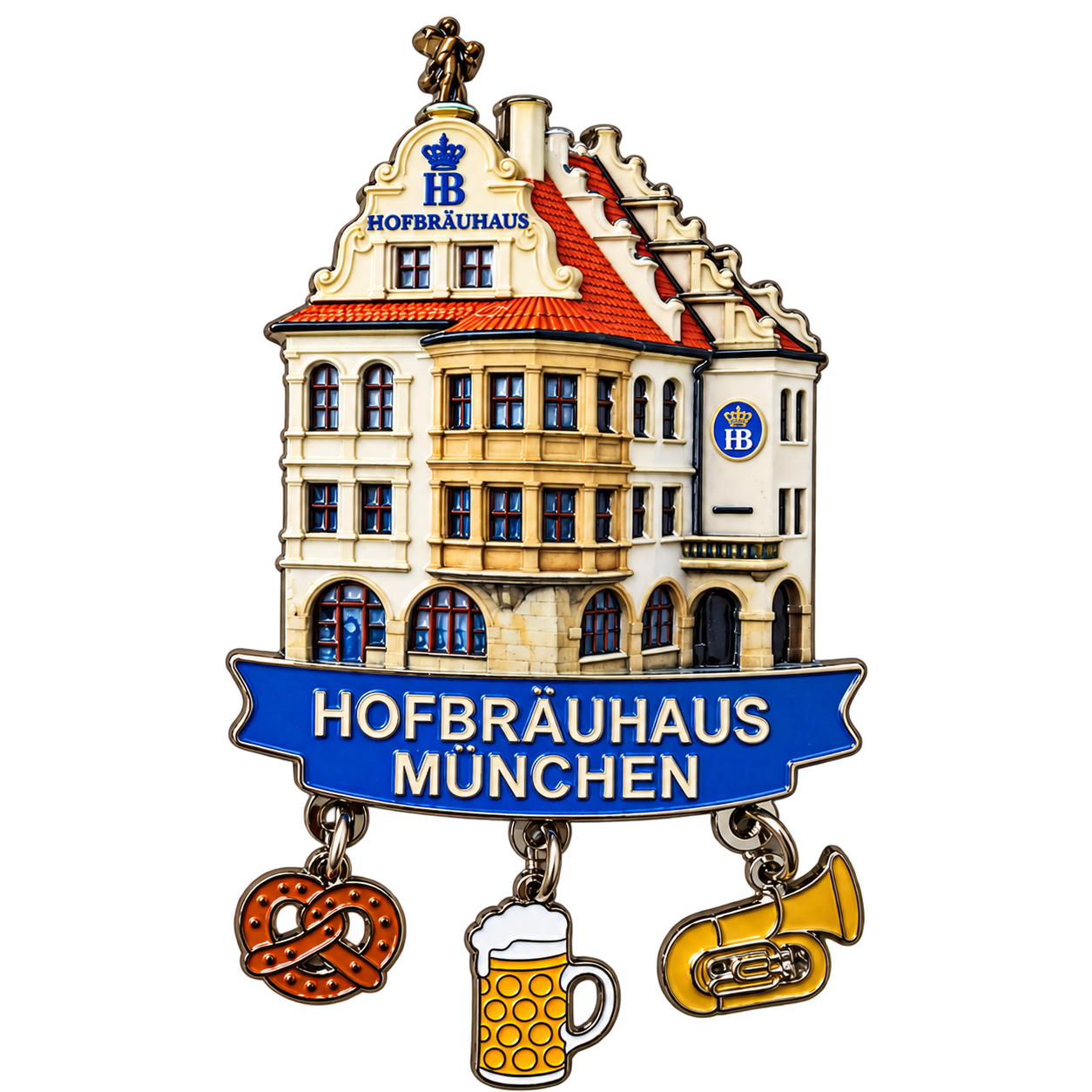 Magnet Motiv Hofbräuhaus , bunt emailliert mit Charms Brezel, Seidel, Tuba