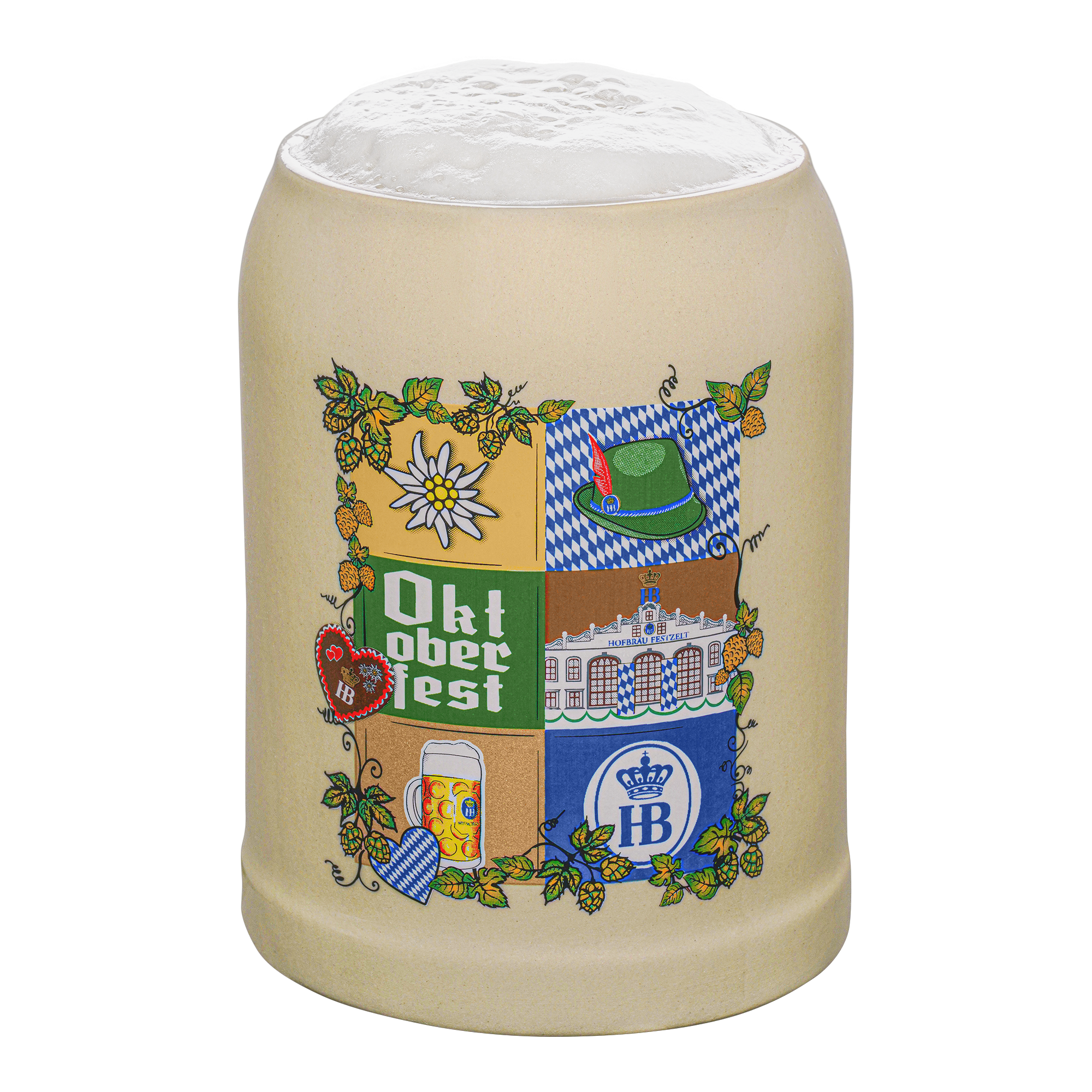 Beiger Bierkrug ohne Henkel, gefüllt mit Schaum, verziert mit Oktoberfest-Motiven wie Edelweiß, Lebkuchenherz, bayerischer Flagge, einem grünen Hut, dem Hofbräuhaus München und Hopfenranken.