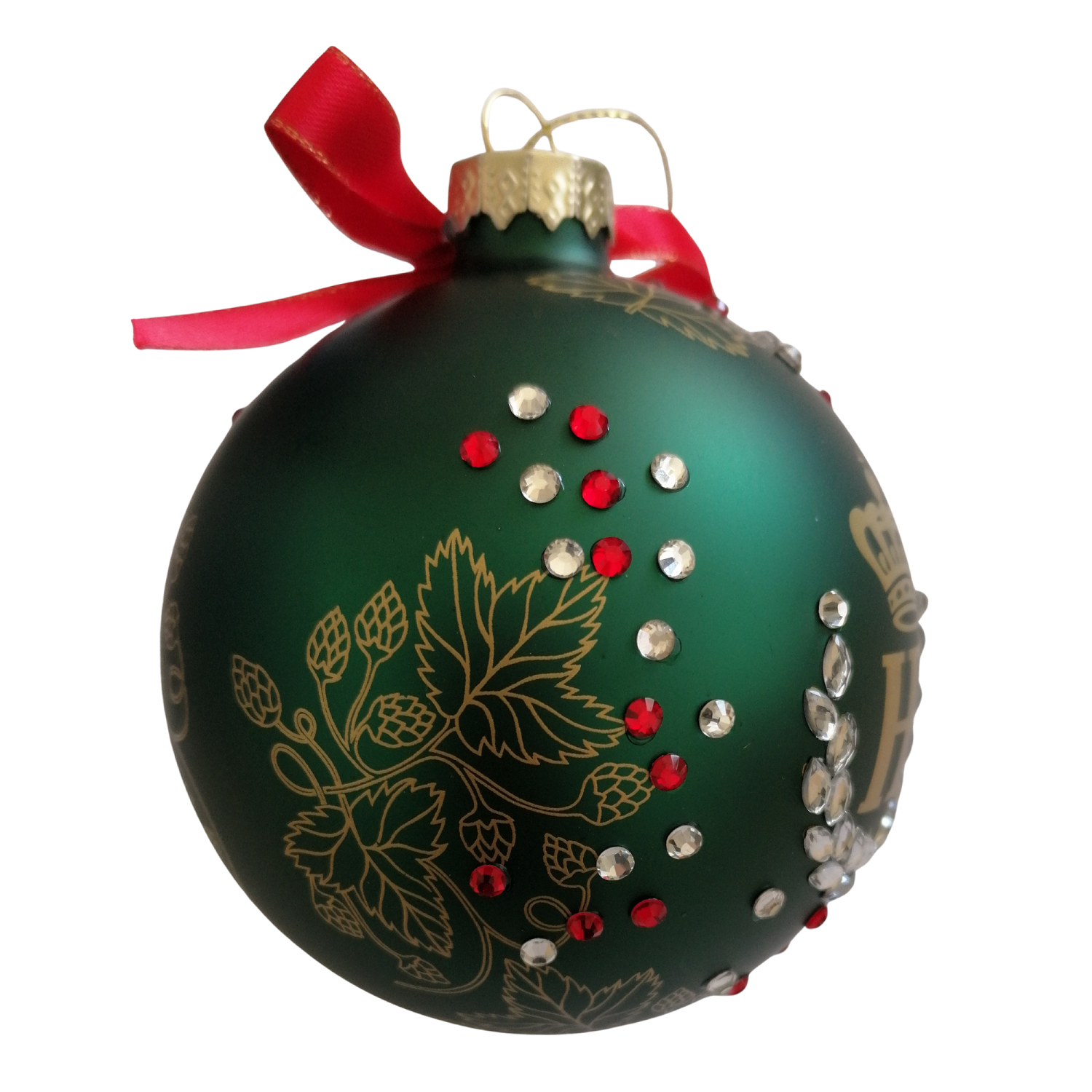 dunkelgrüne Weihnachtskugel mit Strassteinen und aufgedruckten Hopfenmotiv in gold, rote Schleife