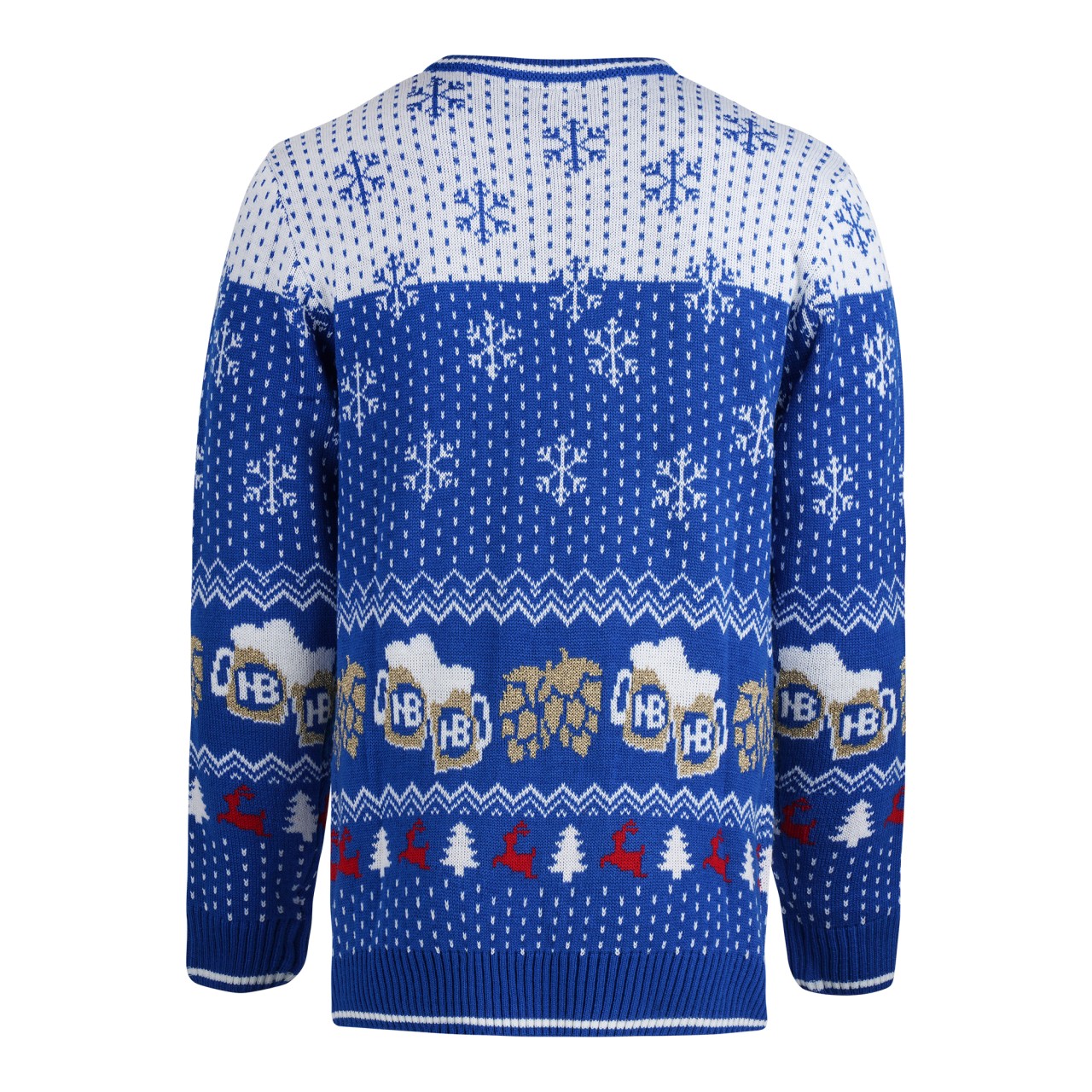 Blauer Weihnachtspullover mit Hofbräuhaus München Logo, Schneeflocken- und Bierkrug-Motiven. Von Hinten
