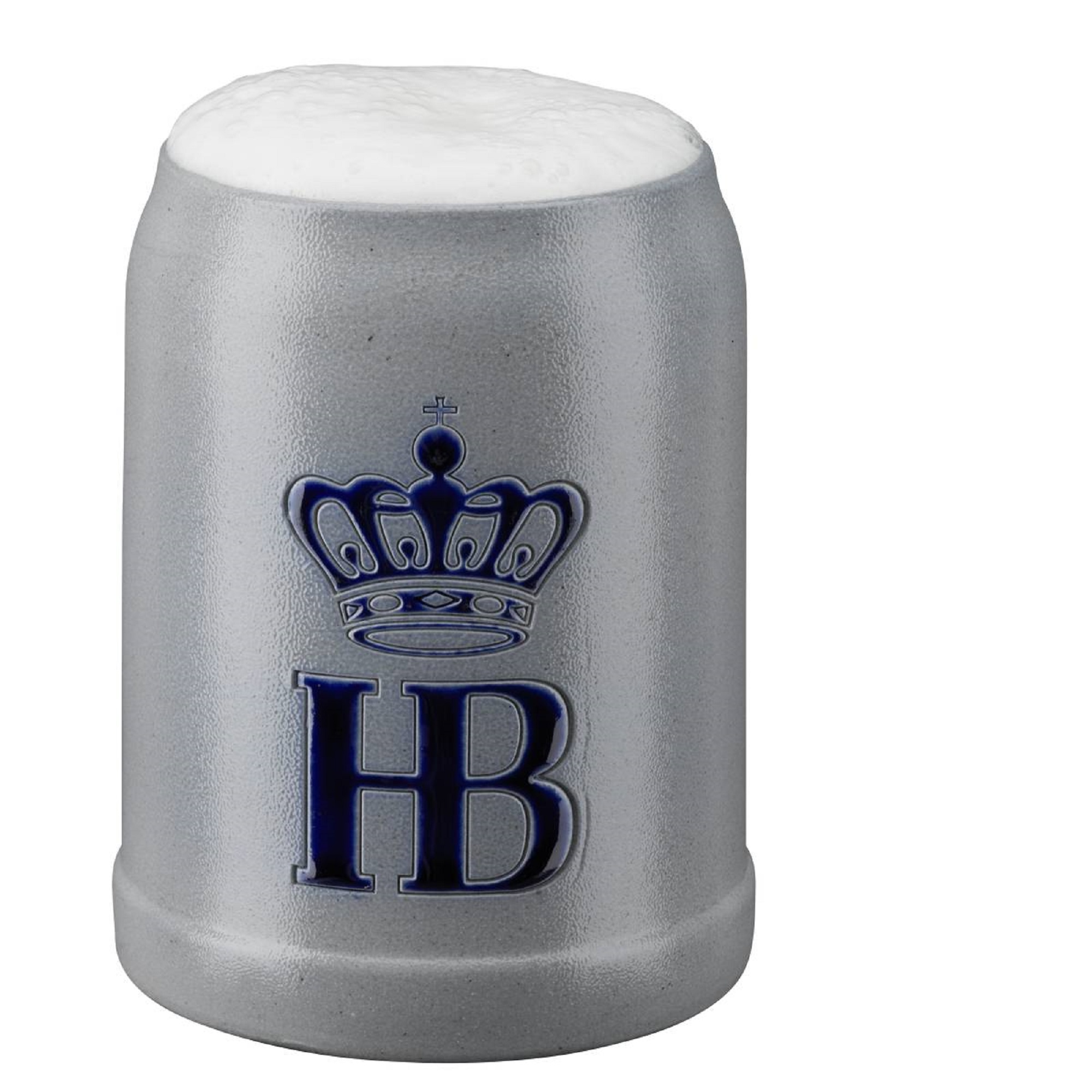 HB-Krug 250 ml aus grauer Salzglasur mit Schaumkrone, ohne Zinndeckel, verziert mit blauem Hofbräuhaus-Logo.